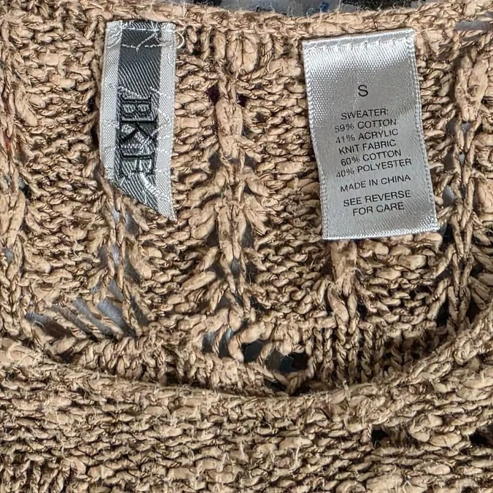BKE S Tan Knit Sweater with Striped Long Sleeves